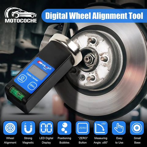 Dead Nuts Precise Digital Magnetic Camber Gauge Wheel Alignment Tool With Bright Led Display viewing the magnetic mount on brake rotor.