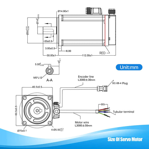 Technical diagram of Beefed-Up 600W AC Servo Motor Kit Without Brake For CNC Machines, 220V 3.5A 3000rpm Encoder RS485 Controller