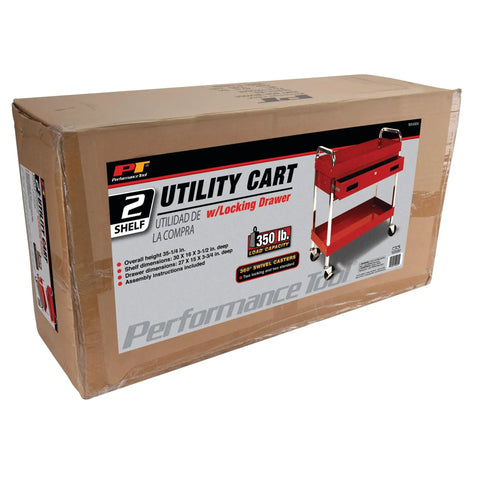 Two Shelf Utility Cart With Locking Drawer Heavy Duty 16 Gauge Steel Mobile Storage Cart box showing product image