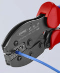 Five Position Ferrule Crimping Pliers For Insulated And Non-Insulated End Sleeves With Precision Dies Self-Releasing Lock Calibrated Crimp Force 0.25-6 mm2 AWG 23-10 Heavy Duty Pro Grade Tool with blue wire in crimping position.