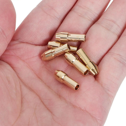 Ultimate 11 Pc Replacement Drill Chuck Collet Set With Copper Nuts Mini Bits showing copper collet nuts in hand.