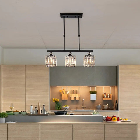 Three Light Crystal Ceiling Pendant With Adjustable Height, Square Modern Chandelier over kitchen island