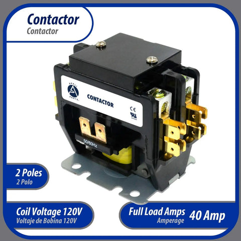 Built Tough 2 Pole Contactor 120V 40A Coil Replacement for AC Compressors and HVAC Equipment showing coil voltage and load specs