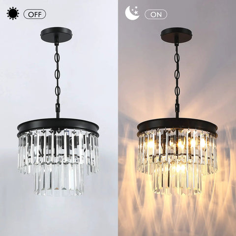 2 Tier Crystal Chandelier With Black Finish For Living Room Bedroom Dining Room And Hallway, Real K9 Crystals With Transparent Triangular Strips For Sparkling, shown off and on