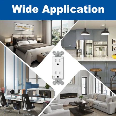 Collage showcasing 50 Pack 15 Amp Decorator Wall Receptacle Outlets in use across various room settings.