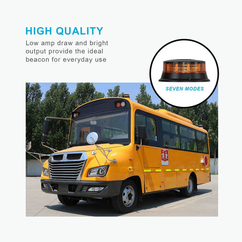 Rock Solid Amber LED Beacon Strobe Light With Killer Visibility For Emergency Hazard Warning And Roof Mount Flashing Alert Lamp IP67 Waterproof Heavy Duty High Output Crystal Reflector mounted on yellow bus.