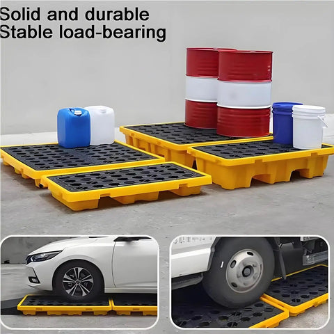 Heavy Duty Spill Containment Pallet For 1 To 4 Drums, Built Tough For Garage And Warehouse Storage Platform, visible with drums
