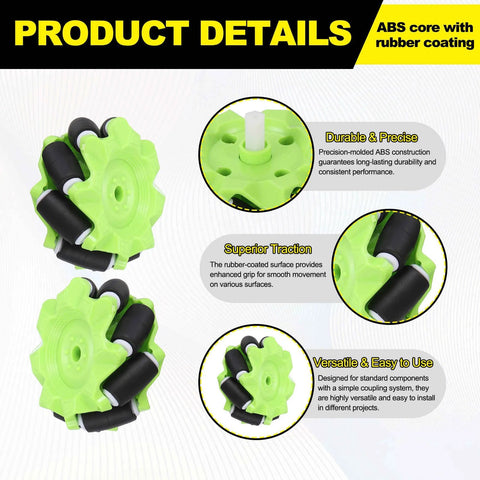 Green mecanum robot wheels with ABS rubber coating for DIY robotics projects, showcasing precision durability and versatile use.