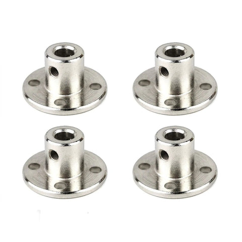 Front view of four silver 5mm rigid flange shaft couplings with four-hole mounting flange and central through bore.