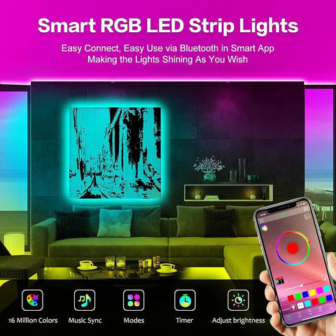 Bluetooth LED Strip Lights 100 Ft With Music Sync, App And Remote Control, RGB 5050 Color Changing LEDs For Bedroom Decor, living room.