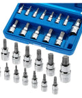 Heavy Duty 13PC Torx Star Bit Socket Set With T8 To T70 Drive Sizes For 1/4 3/8 And 1/2 Inch Impact Tools Rustproof Chrome Vanadium Steel in blue case