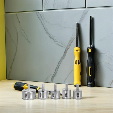 Grab This Killer 20 Pc Diamond-Coated Ceramic Tile Hole Saw Kit For Glass And Granite With Metal Round Design To Slash Vibration And Craft Super Smooth Holes For Your Home Renovation Projects That Totally Wreck! 20 pc diamond-coated hole saw bits on countertop