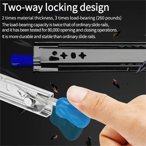 Heavy Duty Locking Drawer Slides 10 To 60 Inch Extension, 250 Lb Load Capacity, Silent Smooth Operation, Tough As Nails Rust Resistant Steel With Ball Bearing Rails For Kitchen, Garage, And Workshop Cabinets; two-way lock design