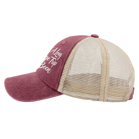 What A Long Strange Trip It's Been Humor Dope Women's Low Profile Trucker Cap In Wine Red Adjustable Strap
