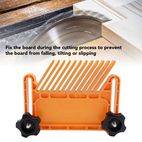 Heavy Duty Featherboard Set For Table Saw And Band Saw Featuring Rock Solid Grip To Stop Wood Slipping While Delivering Smooth Forward Feed In Tough Abs Nylon Build, close-up of orange featherboard.