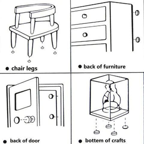 Illustrations showing usage of 40 Piece Round Heavy Duty Nail On Felt Pads For Furniture Legs And Table And Chair Feet Floor Protectors That Glide Smoothly Brown 18mm Nail Diameter With 15mm Felt Pad on chair legs, back of furniture, behind door, and bottom of crafts.