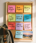 Bright Color 3x3 Sticky Notes Pack With 18 Pads And 50 Sheets Each Super Sticky Recyclable Note Set For Home Office School Vibrant 9 Color Assortment Easy Organization On Point Reminders on corkboard with travel plans.
