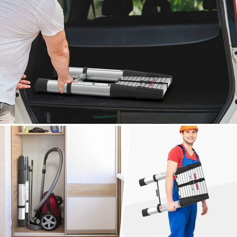 Person carrying 12.5ft Telescoping Aluminum Ladder With One Button Retraction And Dual Hooks EN131 330lb Capacity, stored in car trunk.