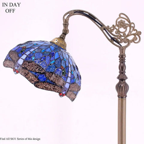 Blue Stained Glass Dragonfly Tiffany Style Floor Lamp With Arched Gooseneck, intricate stained glass design, UL listed.