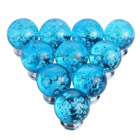 Hella Elegant 10 Pack 30 Millimeter Aqua Blue Crystal Cabinet Knobs Round Glass Bubble Drawer Handles K9 Crystal Zinc Alloy Furniture Hardware For Home Dresser Closet Pulls displayed in a triangle shape.