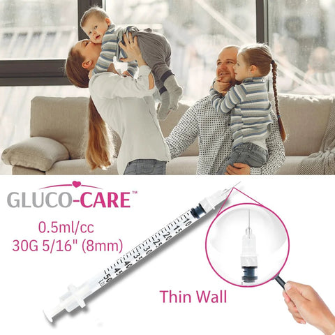 GLUCO-CARE 0.5 ml syringe, 30G x 5/16" (8 mm), thin-wall, box of 100