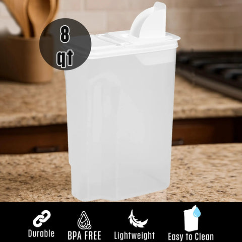 Hassle Free Eight Quart Clear Food Storage Bin With Slick Pour Spout And Grippy Handle for organizing pantry essentials
