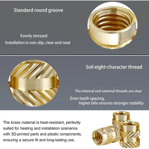 Brass Heat Set Inserts Kit With Knurled Threaded Inserts Assortment M2 M2.5 M3 M4 M5 M6 M8 close-up showing grooves and threads.