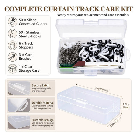 Top Tier Curtain Track Repair Kit Featuring Sixty Super Slick Dual Wheel Rollers And Rust Resistant S Hooks in clear storage case