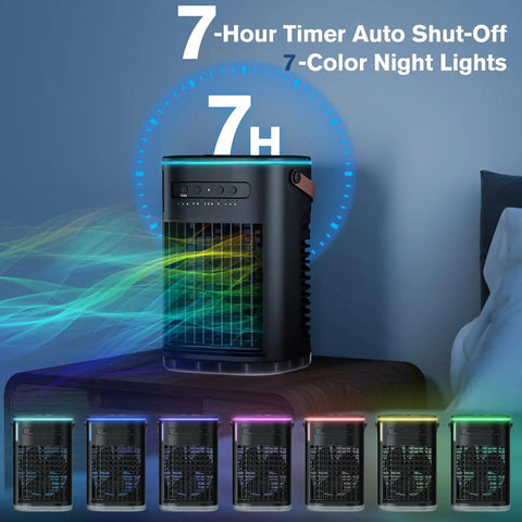 7-hour timer and 7-color night lights feature on 5 In 1 Portable Air Conditioner And Evaporative Cooler With 3 Speeds, 2 Ice Packs