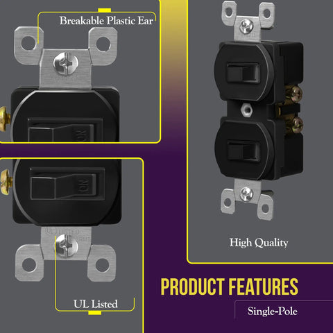 Duplex Double Toggle Light Switch For Home Use, Single Pole, Side Wiring, Copper Wire Only, Grounding Screw, 15A 120V, UL Listed, Black