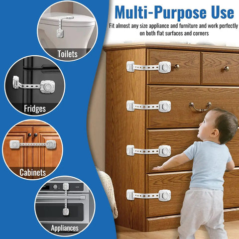 4 Pack Child Safety Locks For Cabinets, Drawers, Fridge And Toilet Latches with Extra 3M Adhesives shown on furniture