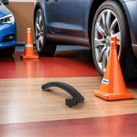 Solid Swap Tire Balancing Machine Handle Replacement Tough Plastic Wheel Balancer Tool Grip near cars and cones in garage.