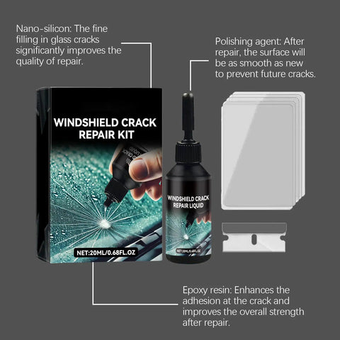 DIY Windshield Repair Kit With Glass Repair Fluid for Chips and Small Cracks Quick Fix Save Money Easy To Use Auto Glass Repair Tool For Cars Trucks And SUVs components displayed, including resin bottle and applicator.