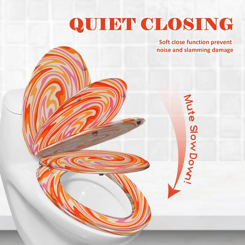 Elongated Colorful Stained Glass Effect Abstract Leaf Radiant Toilet Seat open, featuring soft-close hinge and vibrant swirling colors.