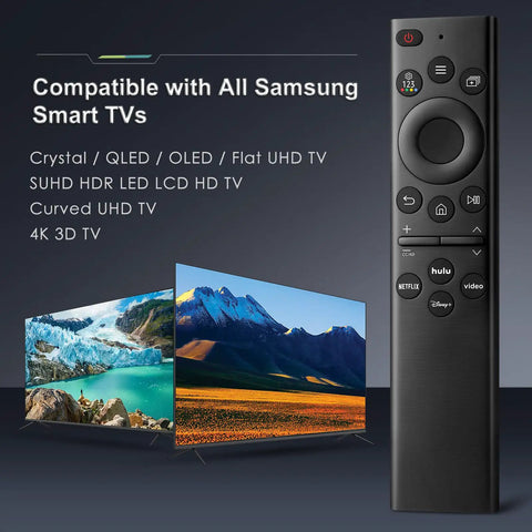 Universal Smart TV Remote Control For All LED LCD QLED UHD SUHD HDR with Netflix Prime Video shortcuts next to TVs