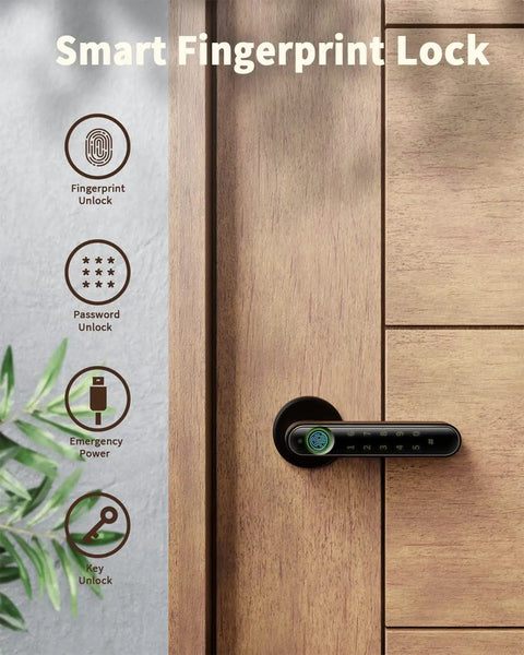 Close-up of 3-In-1 Fingerprint Smart Door Lock with Keypad and Mechanical Key on a wooden door, easy install for home.