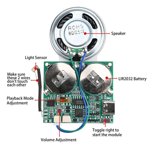 Close-up of Slick DIY Light Activated Sound Module With Type C Usb Recordable Chip and 8Mb Memory Speaker showing components.