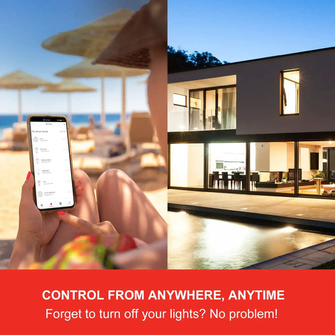 Alexa Enabled Smart LED Bulbs Bundle With Hub 2700K Soft White shown controlled remotely with smartphone app while at the beach.