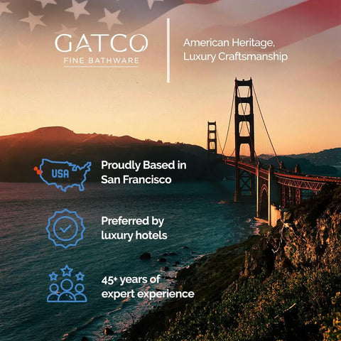 Image of the Golden Gate Bridge with Gatco Fine Bathware text, highlighting American heritage and craftsmanship.