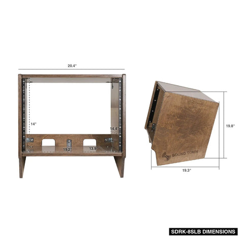 Rock Solid 8U Angled Desktop Studio Rack Hella Durable Baltic Birch Build With Slick Weathered Brown Finish dimensions, front and side view.