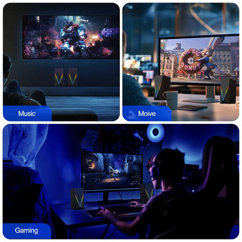 Desktop Computer Speakers With 6 Colorful RGB Lights USB Powered HiFi Stereo 2 Channel Enhanced Bass And Volume Control 3 5mm Aux Headphone Jack For Laptop Monitor PC Tablet And Phone on desks and living room setups for music, movies, and gaming.