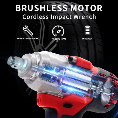 Cordless Half Inch Brushless Impact Wrench Kit With 450 Foot Pounds Torque showing brushless motor and specs against tire backdrop