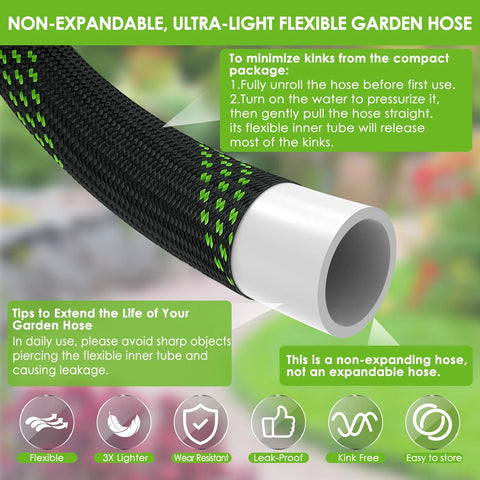 FlexiSolve garden hose, 100 ft, non-expandable, black braided exterior with green highlights and white end connector.