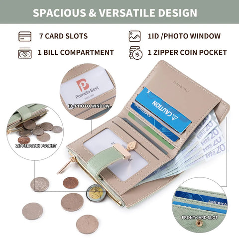 Open Ultra Slim Women Wallet With RFID Blocking Bifold Soft Leather Card Holder showing ID window and coin pocket, green.