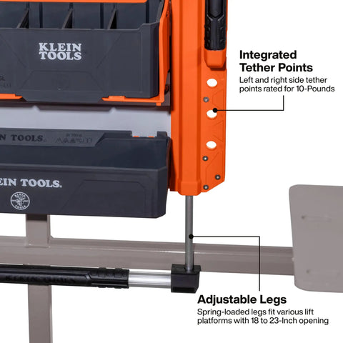 Twenty Inch Wall Mount Tool Rack With Four Heavy Duty Rails Delivering Twenty Five Pounds Per Rail Built Nasty Tough For Man Lifts And Scissor Platforms Jobsite Ready with integrated tether points and adjustable legs.