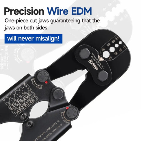 Close-up of Wire Rope Crimping Tool Kit for 3/64 Inch to 1/8 Inch Rope, featuring precision wire EDM jaws.