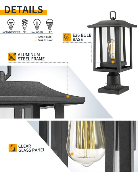 Details of Outdoor Post Light Fixture Two Pack Large Not Solar 110 To 120V AC Black Cast Aluminum With Clear Glass Pier Mount Base