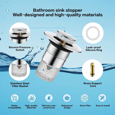 Heavy Duty Stainless Steel Sink Drain Strainer And Stopper showing bounce pressure switch and stainless steel filter basket.