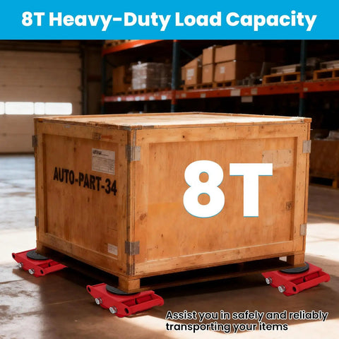 Heavy Duty Machinery Mover Skates Set For 8 Ton Capacity in use under large wooden crate in a warehouse
