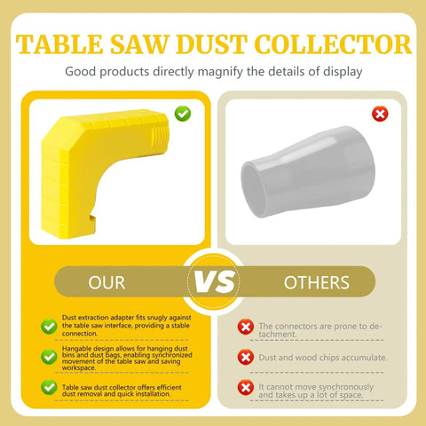 Table Saw Dust Collector Adapter Tool Free Install No Fuss Fits Most Saws With Durable Dust Port in yellow vs gray adapter.